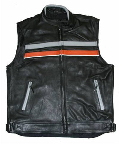 Mens Orange Black Leather Motorcycle Vest with Reflective Strip