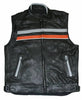 Mens Orange Black Leather Motorcycle Vest with Reflective Strip