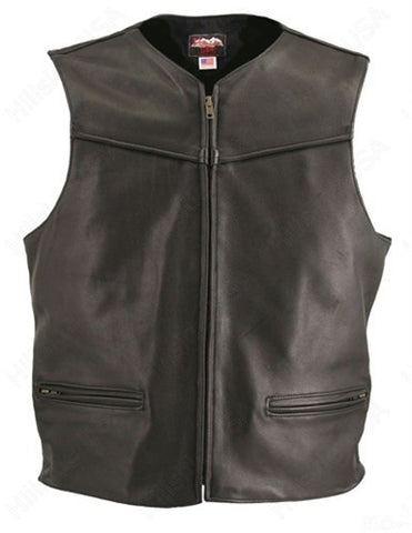 Men's Made in USA Black Naked Leather Racer Vest Solid Back Leather Lined Gun Pockets Zip Front
