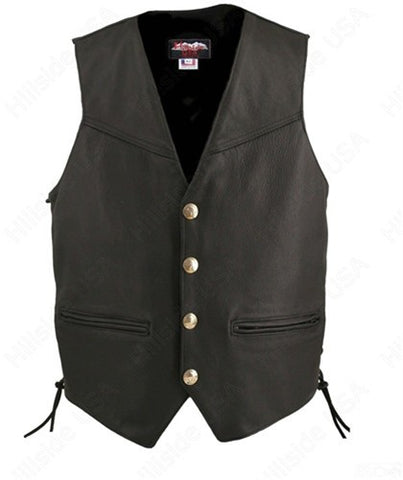 Made in USA Black Leather Motorcycle Vest Buffalo Nickel Snaps Solid Back