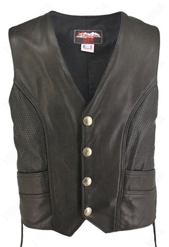 Made in USA Black Semi-Perforated Naked Leather Motorcycle Vest with Gun Pockets Buffalo Nickel Snaps