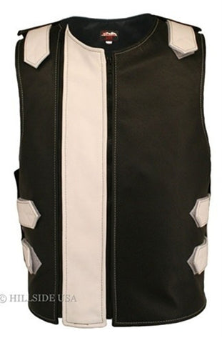 Made in USA Dual Front Zipper Bulletproof Style Leather Biker Vest Black/White