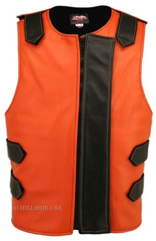 Made in USA Bulletproof Style Leather Motorcycle Vest Orange/Black