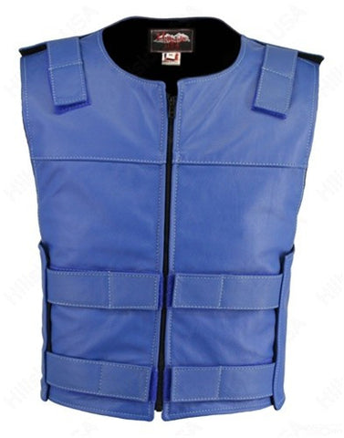 Made in USA Leather Bullet Proof Style Zippered Motorcycle Vest Blue
