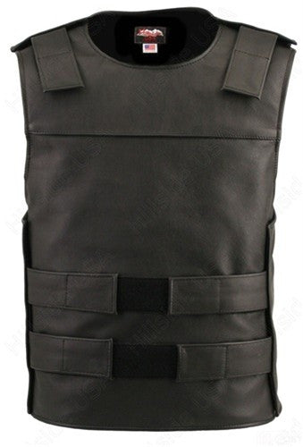 Men's Made in USA Black Leather Bullet Proof Style Tactical Style Motorcycle Vest