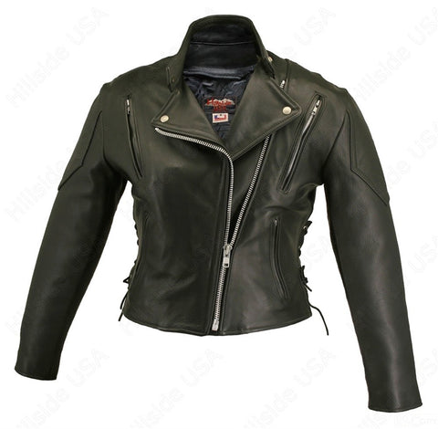 Womens Made in USA Soft Black Naked Leather Vented Motorcycle Jacket Side Laces