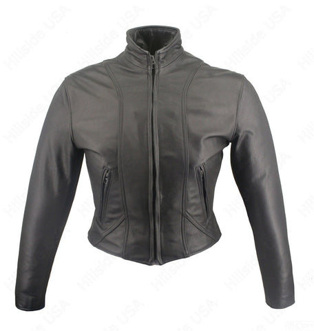 Womens Made in USA Naked Leather Form Fitting Motorcycle Jacket Gun Pockets Stand Up Collar