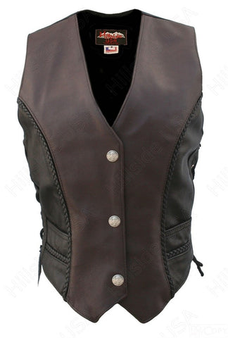 Ladies Black Brown Made in USA Naked Leather Motorcycle Vest