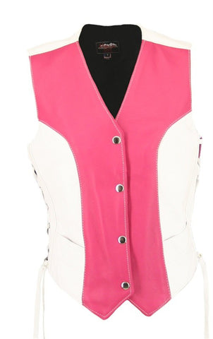 Ladies Pink and White Made in USA Soft Leather Motorcycle Vest
