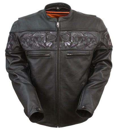 Mens Leather Vented Motorcycle Jacket Reflective Savage Skulls Gun Pockets Armor Pockets