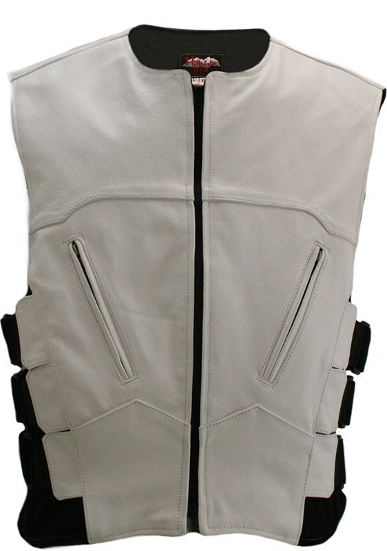Men's Made in USA White Leather Bullet Proof SWAT Style Motorcycle Vest
