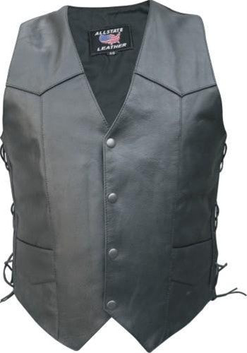 Men's Tall Basic Black Leather Motorcycle Vest with Side Laces