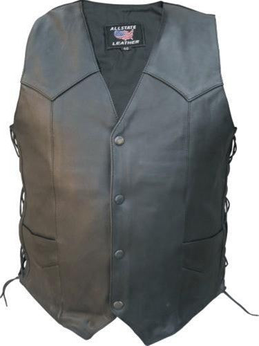Men's Black Drum Dyed Naked Leather Motorcycle Vest with Side Laces
