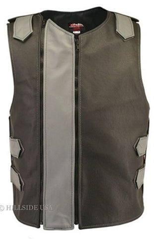 Made in USA Dual Front Zipper Bulletproof Style Leather Biker Vest Black/Gray