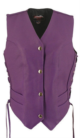 Ladies Purple Made in USA Leather Motorcycle Vest Side Laces