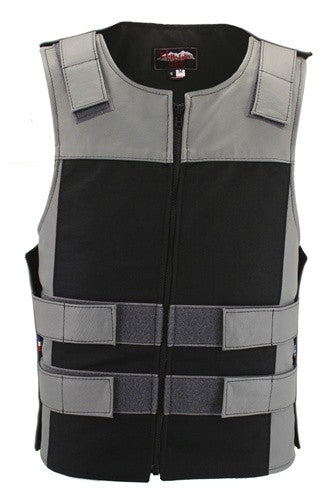Made in USA Leather & Cordura Zippered Motorcycle Vest Gray & Black