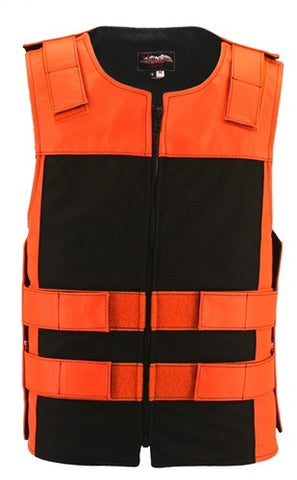 Made in USA Leather & Cordura Zippered Motorcycle Vest Orange & Black