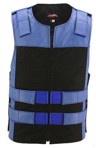 Made in USA Leather & Cordura Zippered Motorcycle Vest Blue & Black