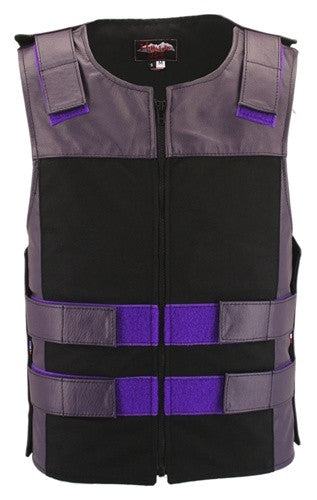 Made in USA Leather & Cordura Zippered Motorcycle Vest Purple & Black