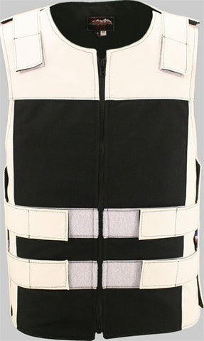 Made in USA Leather & Cordura Zippered Motorcycle Vest White & Black