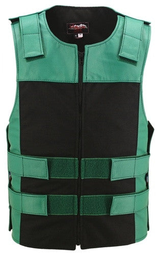 Made in USA Leather & Cordura Zippered Motorcycle Vest Green & Black