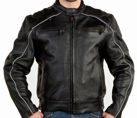 Mens Vented Naked Cowhide Leather Motorcycle Jacket Reflectors on Front and Back