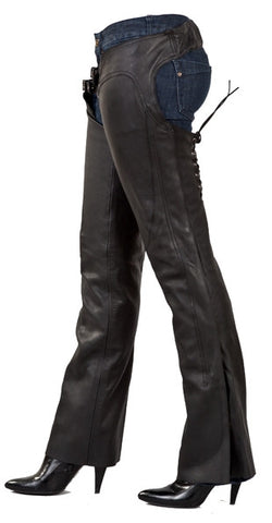 Ladies Low Rise Leather Motorcycle Chaps with Lacing on Back of Thigh