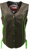 Ladies Made in USA Black Leather Motorcycle Vest with Lime Green Trim Side Laces