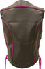 Ladies Made in USA Black Leather Motorcycle Vest with Hot Pink Trim Side Laces