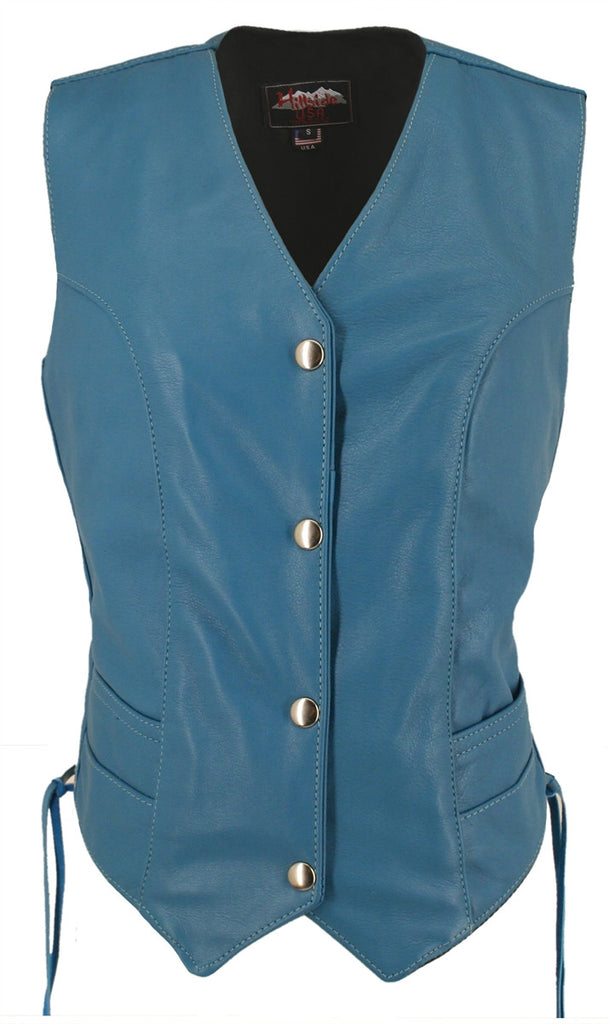 Women's Turquoise Made in USA Leather Motorcycle Vest Side Laces