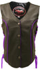 Ladies Made in USA Black Leather Motorcycle Vest with Purple Trim Side Laces