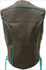 Ladies Made in USA Black Leather Motorcycle Vest with Turquoise Trim Side Laces