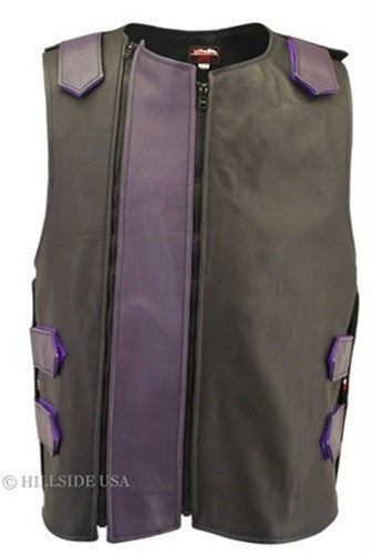 Made in USA Dual Front Zipper Bulletproof Style Leather Biker Vest Black/Purple