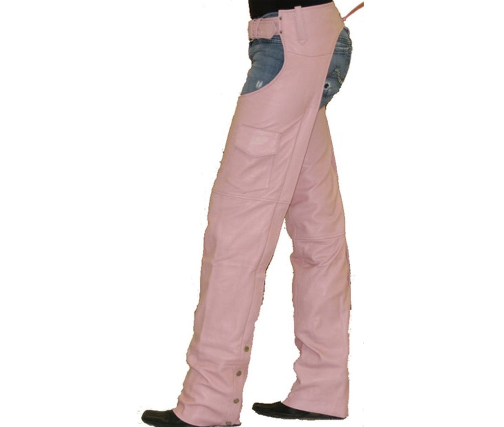 Womens Pink Leather Motorcycle Chaps Covered Zipper with Flap & Mesh Lining