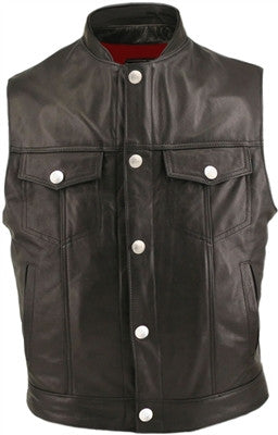 Mens Made in USA Leather Denim Style Stand Up Collar Motorcycle Vest Gun Pockets
