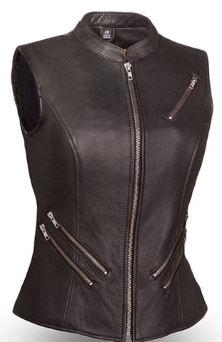 Women's Split Leather Motorcycle Vest With Two Gun Pockets