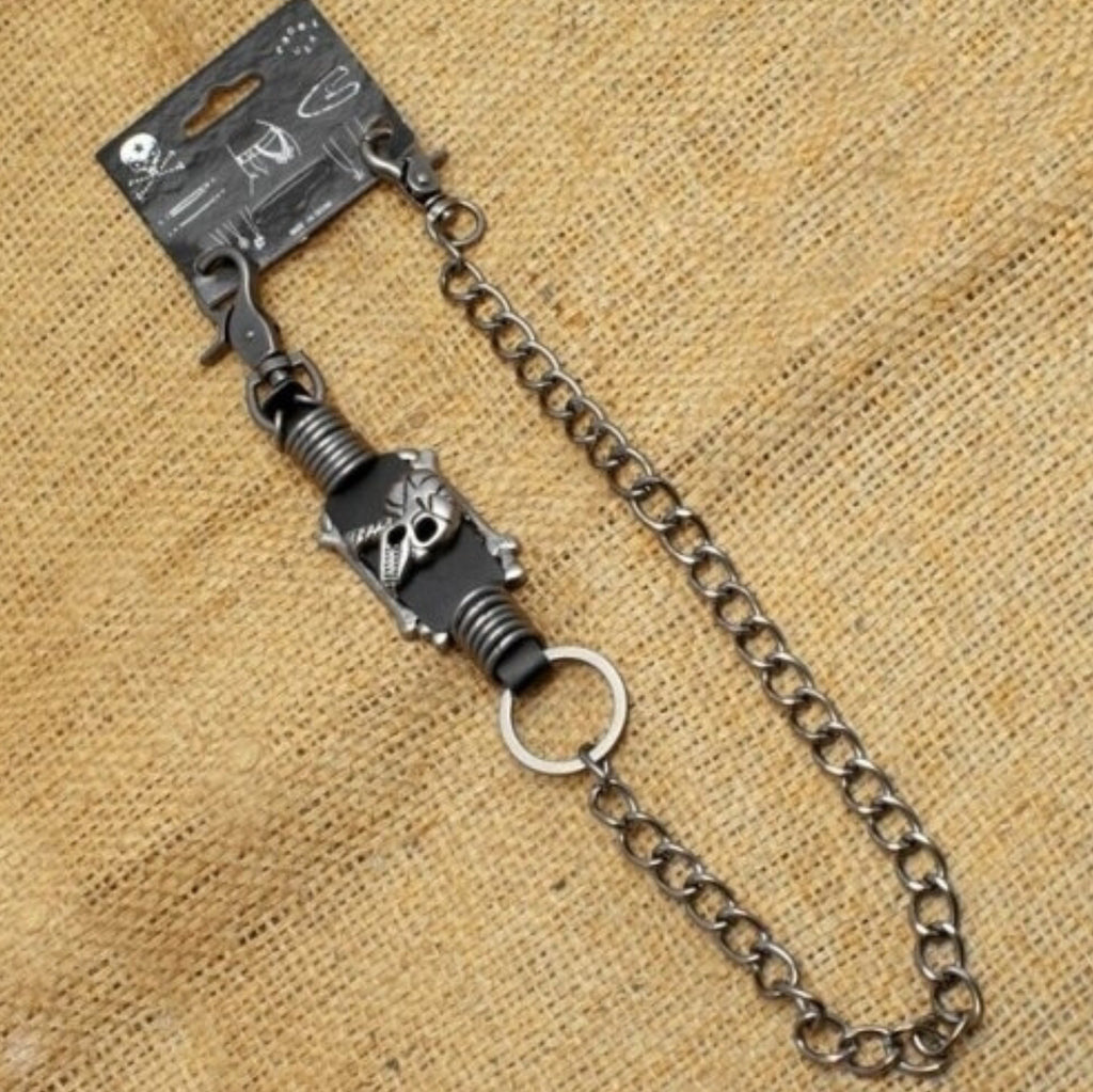19” Wallet Chain With Skull, Metal Rings And Leather