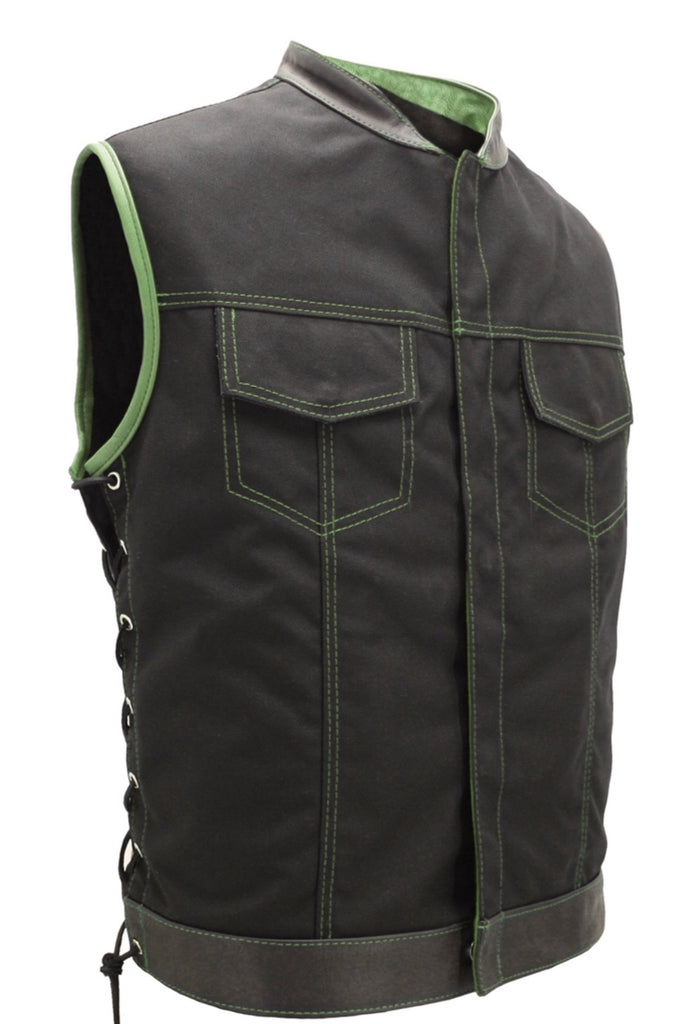 Mens Made in USA Black And Green Military Grade Cordura Motorcycle Vest Hidden Snaps