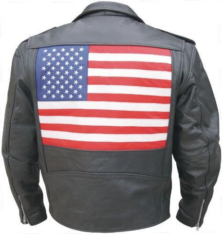 Men's Black Buffalo Leather Motorcycle Jacket with USA Flag on Back