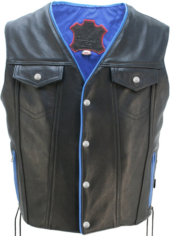 Men's Made in USA Naked Leather Motorcycle Vest Blue Trim Leather Lined Gun Pockets