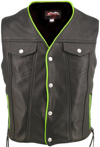 Men's Made in USA Naked Leather Motorcycle Vest Green Trim Leather Lined Gun Pockets