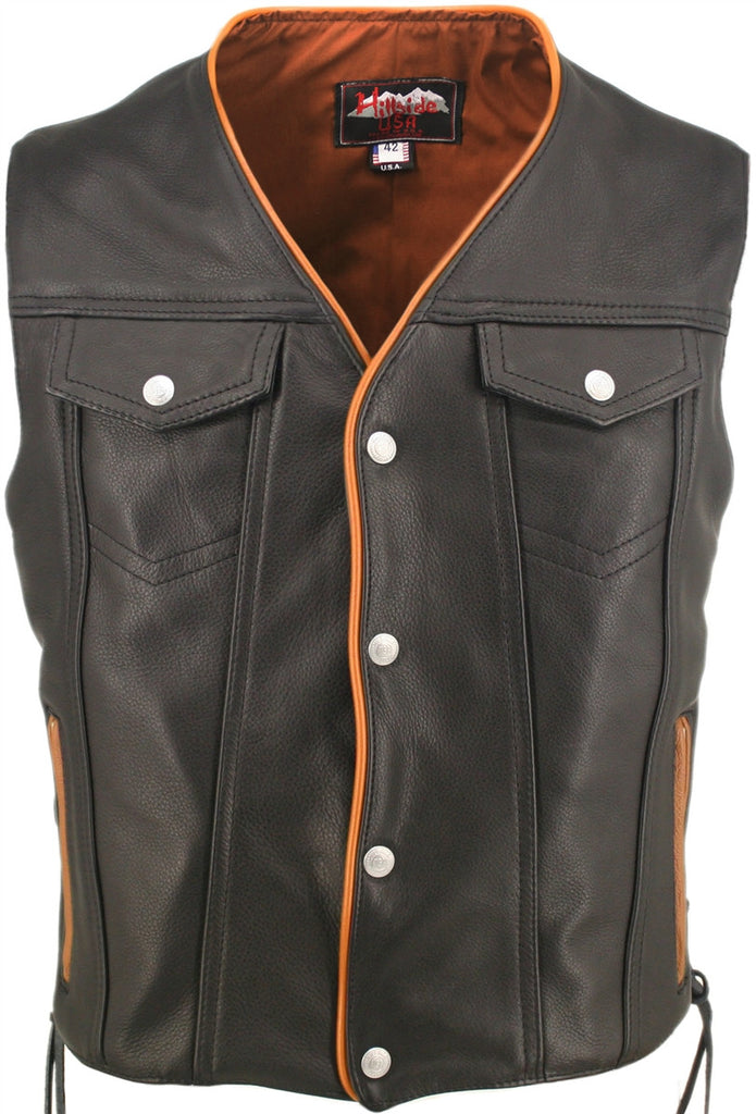 Men's Made in USA Naked Leather Motorcycle Vest Orange Trim Leather Lined Gun Pockets