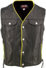 Men's Made in USA Naked Leather Motorcycle Vest Yellow Trim Leather Lined Gun Pockets