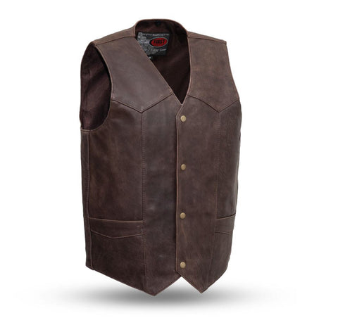 Mens Brown Naked Leather Western Style V-Neck Motorcycle Vest Gun Pockets Solid Back