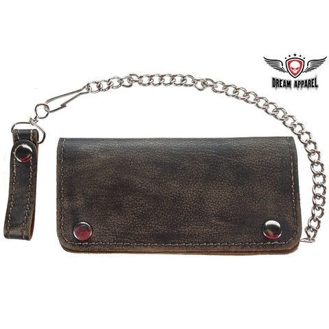 Distressed Brown Leather Bifold 6 Compartment Chain Wallet