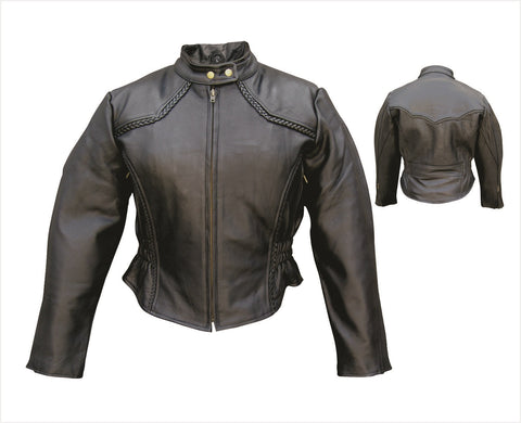 Women's Classic Black Naked Leather Motorcycle Jacket with Braid Trim