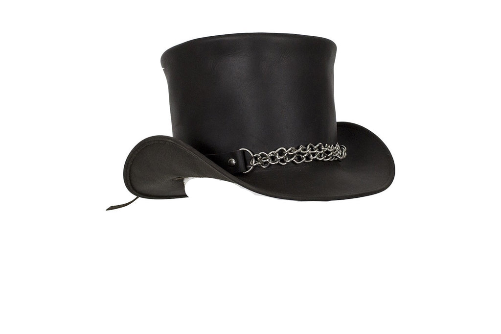 Black Naked Leather Deadman Top Hat With Chrome Chain