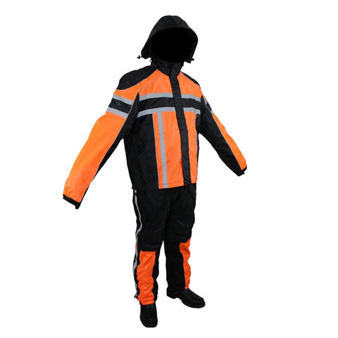Bright Black/Orange Textile Two-Piece Rain Suit With Night Vision Reflectors On Front And Back