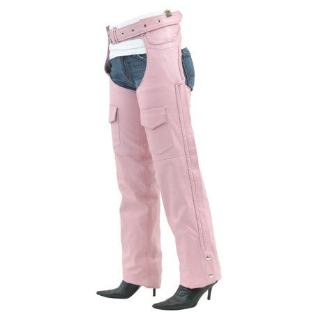 Womens Pink Braided Leather Motorcycle Chaps Covered Zipper with Flap & Mesh Lining