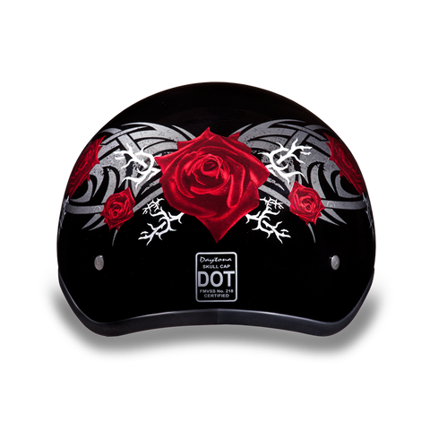 Daytona D.O.T Skull Cap Motorcycle Helmet with Red Rose